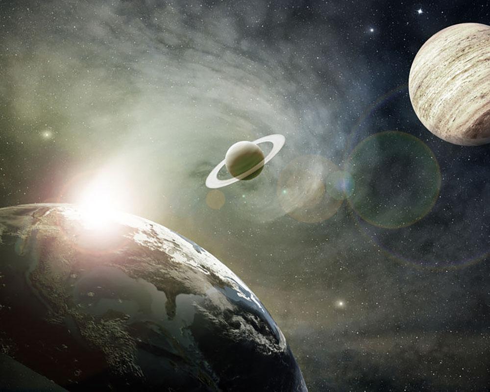Saturn and Jupiter in a Cosmic Cloud Wall Mural Wallpaper - Canvas Art Rocks - 1