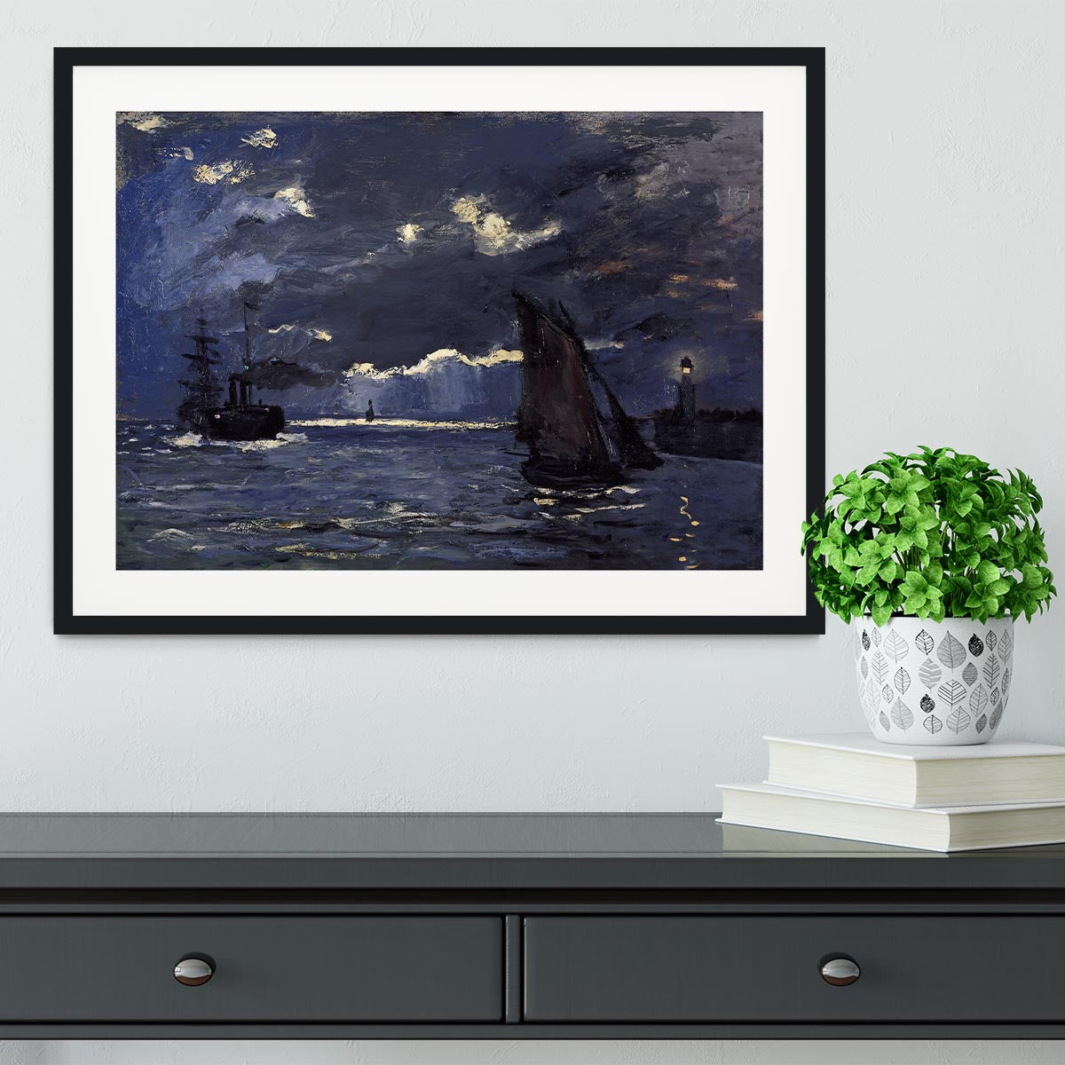 Shipping by Moonlight by Monet Framed Print - Canvas Art Rocks - 1