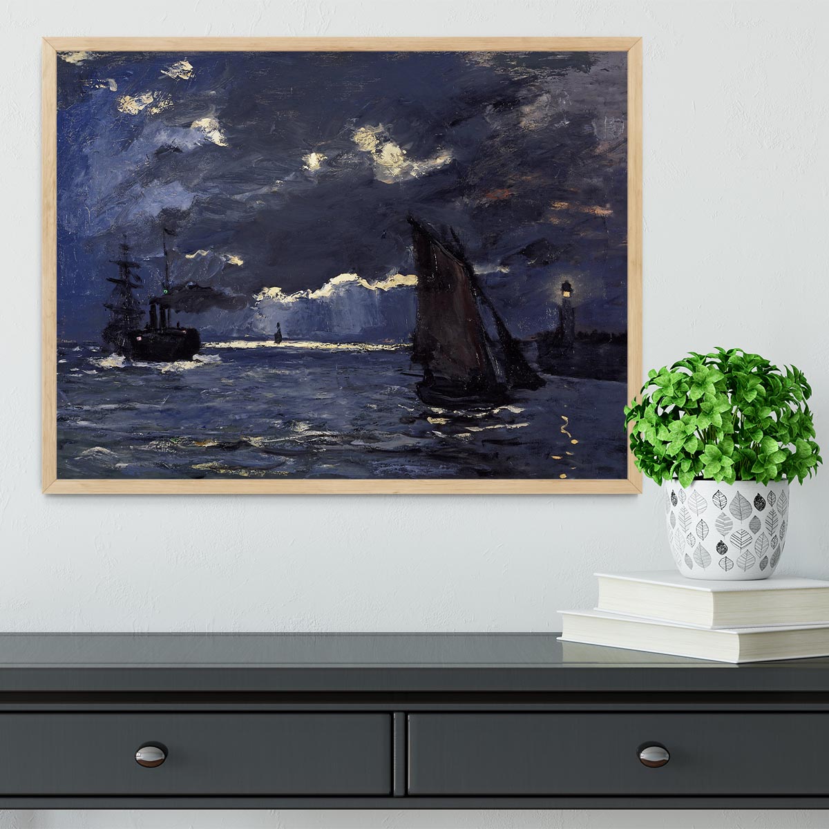 Shipping by Moonlight by Monet Framed Print - Canvas Art Rocks - 4