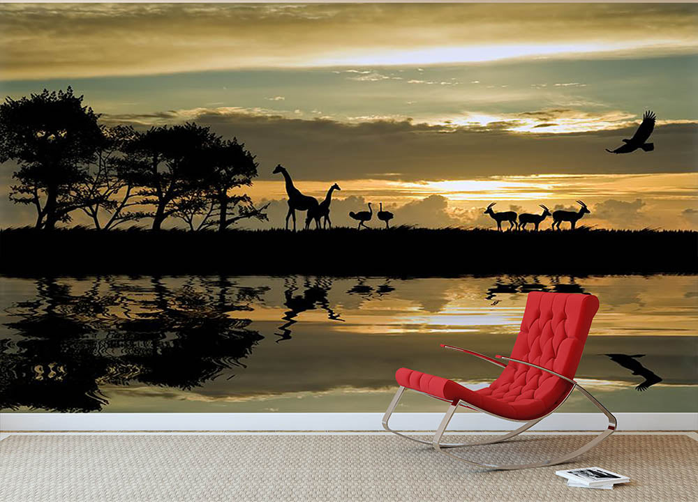 Silhouette of animals in Africa Wall Mural Wallpaper | Canvas Art Rocks