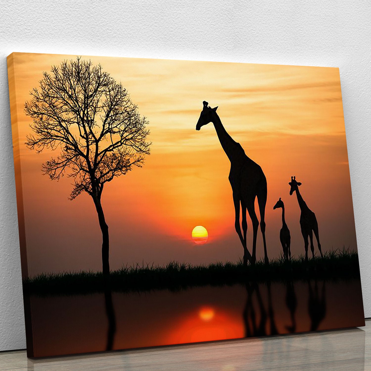 Silhouette of giraffe with reflection in water Canvas Print or Poster - Canvas Art Rocks - 1
