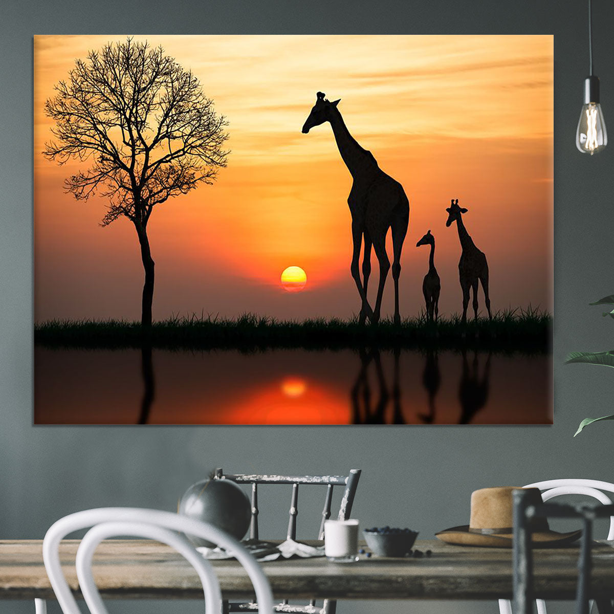 Silhouette of giraffe with reflection in water Canvas Print or Poster - Canvas Art Rocks - 3
