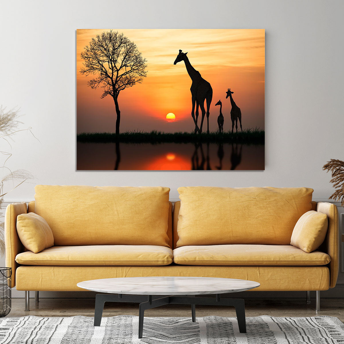 Silhouette of giraffe with reflection in water Canvas Print or Poster - Canvas Art Rocks - 4