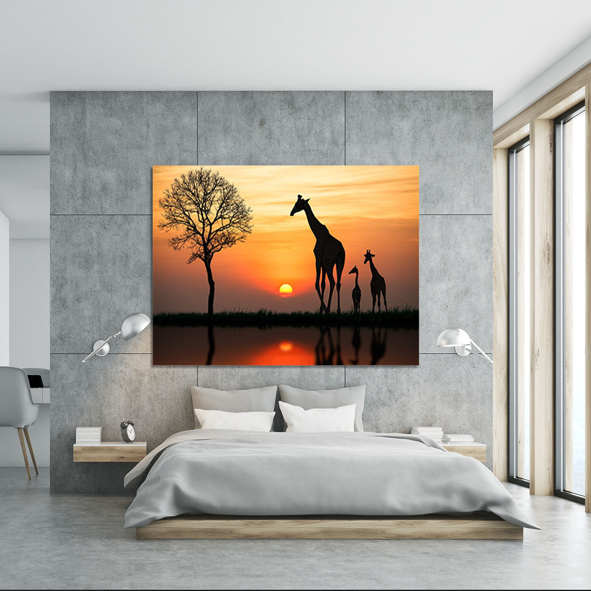 Silhouette of giraffe with reflection in water Canvas Print or Poster - Canvas Art Rocks - 5