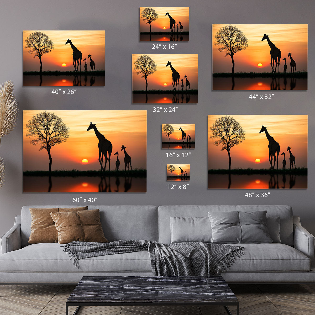 Silhouette of giraffe with reflection in water Canvas Print or Poster - Canvas Art Rocks - 7
