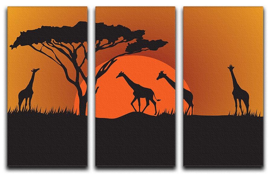 Silhouettes of giraffes in safari sunset 3 Split Panel Canvas Print - Canvas Art Rocks - 1