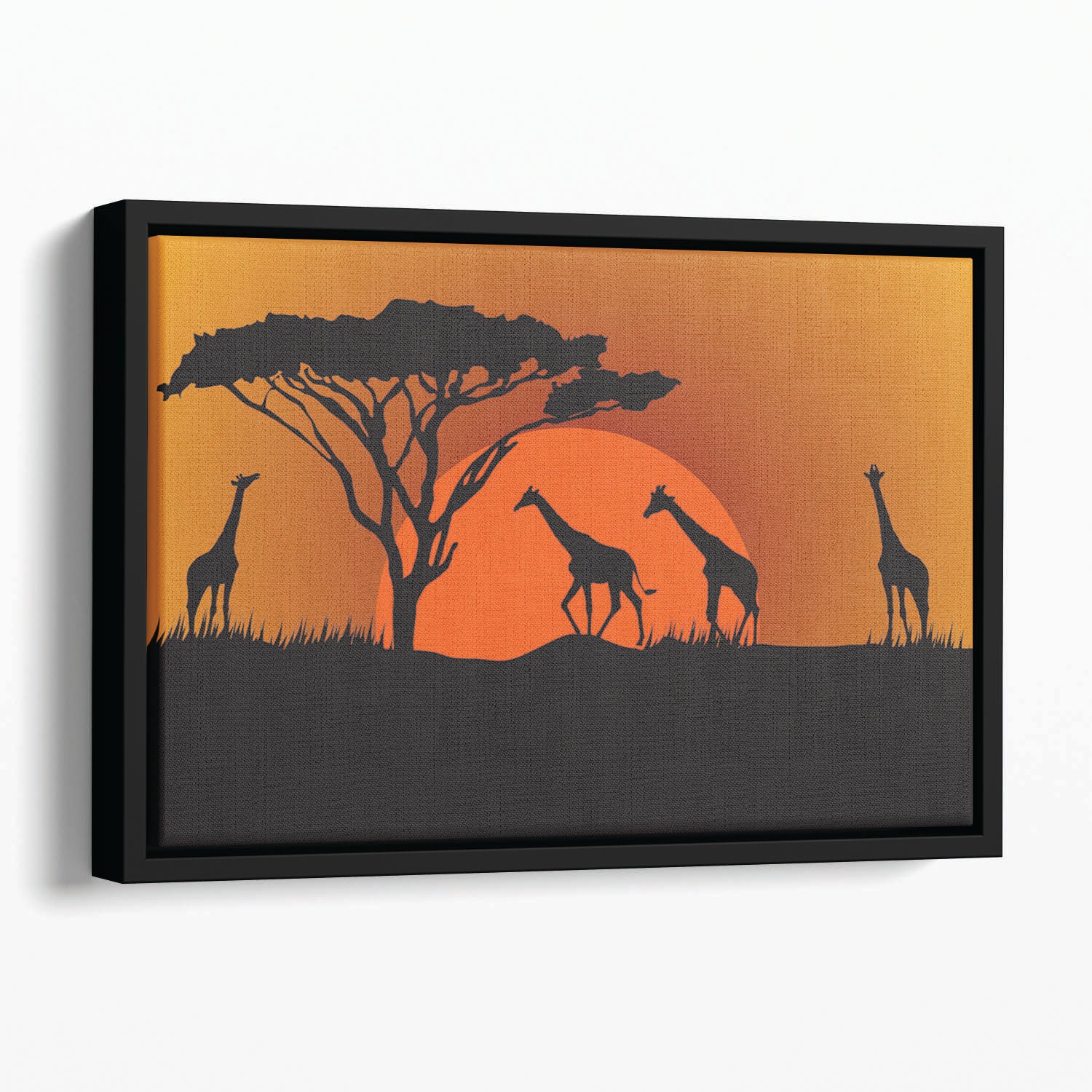 Silhouettes of giraffes in safari sunset Floating Framed Canvas