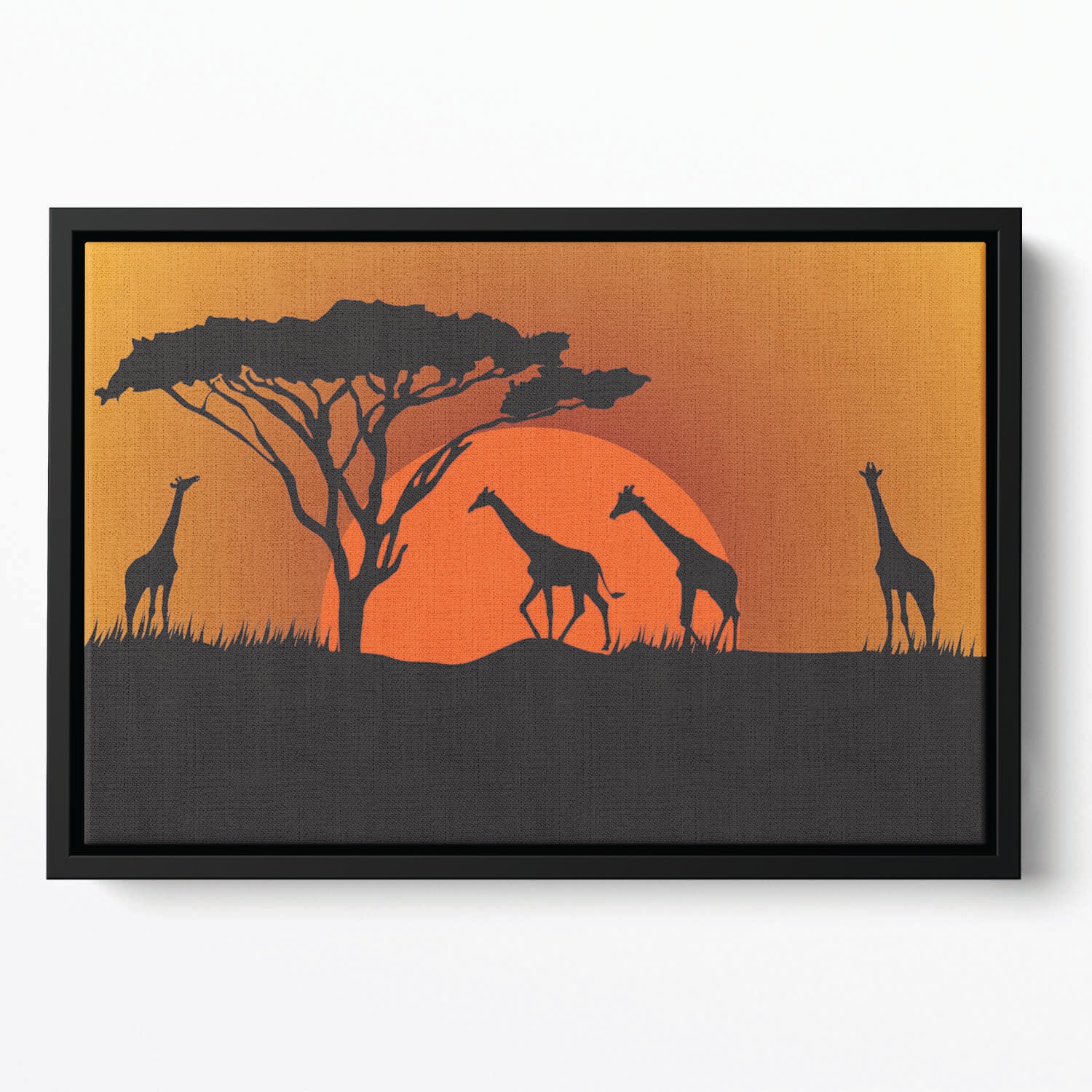 Silhouettes of giraffes in safari sunset Floating Framed Canvas