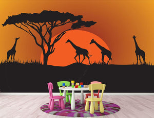 Silhouettes of giraffes in safari sunset Wall Mural Wallpaper - Canvas Art Rocks - 2