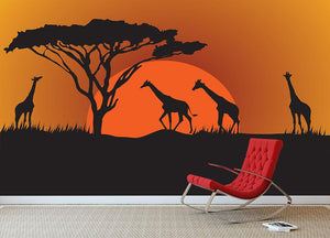 Silhouettes of giraffes in safari sunset Wall Mural Wallpaper - Canvas Art Rocks - 3