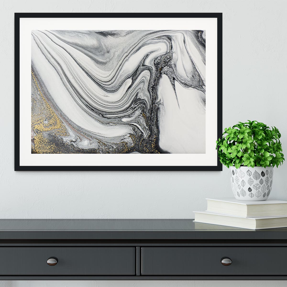 Silver and White Marble Swirl Framed Print - Canvas Art Rocks - 1