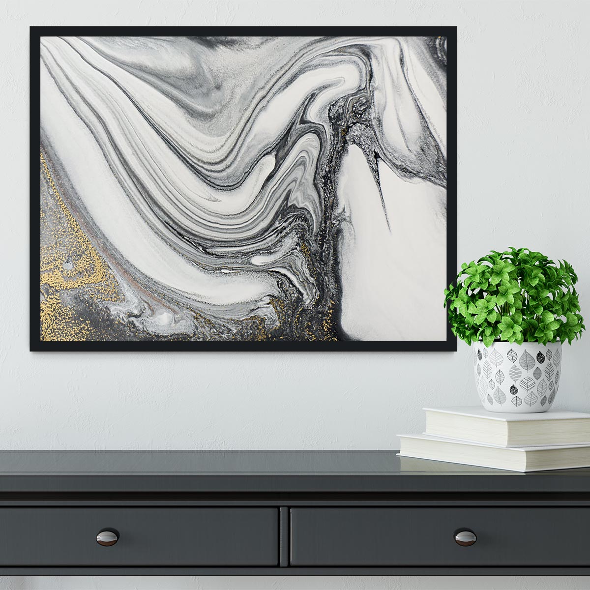 Silver and White Marble Swirl Framed Print - Canvas Art Rocks - 2