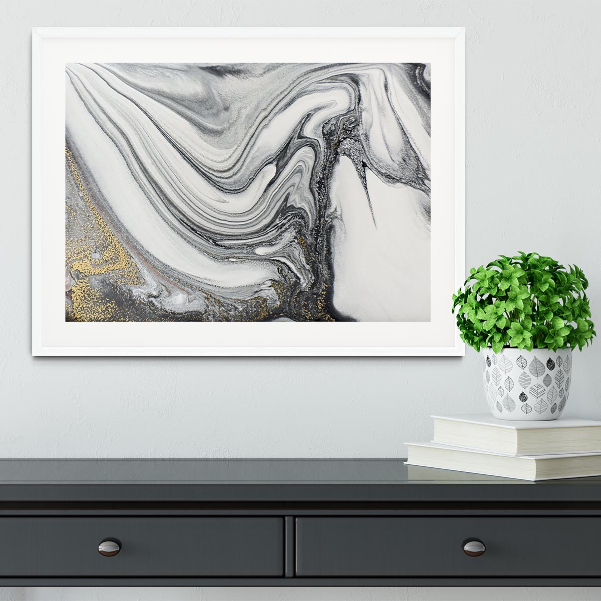 Silver and White Marble Swirl Framed Print - Canvas Art Rocks - 5