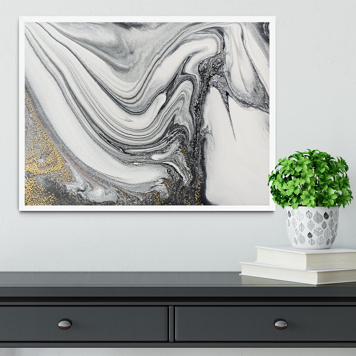 Silver and White Marble Swirl Framed Print - Canvas Art Rocks -6