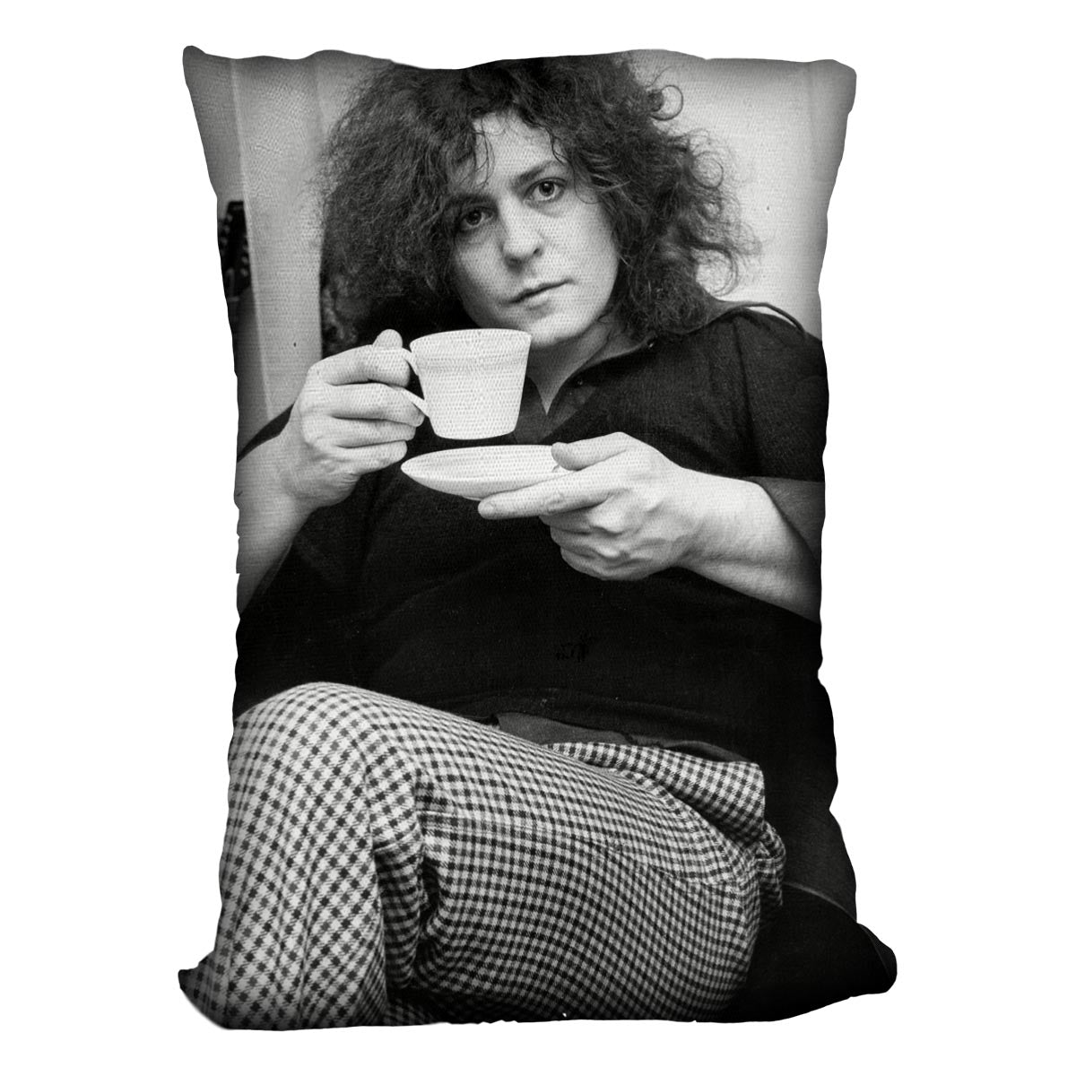 Singer Marc Bolan with tea Cushion