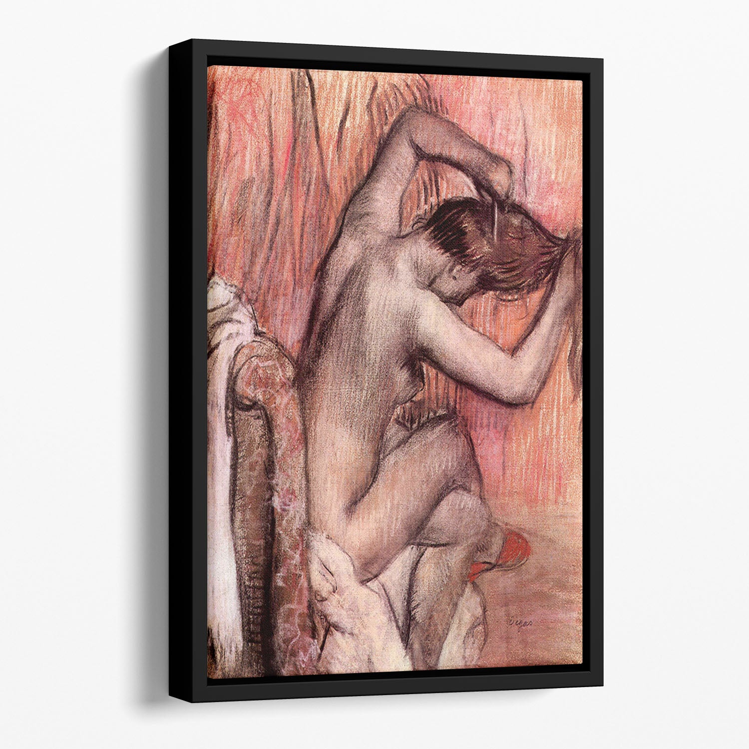 Sitting and brushing by Degas Floating Framed Canvas