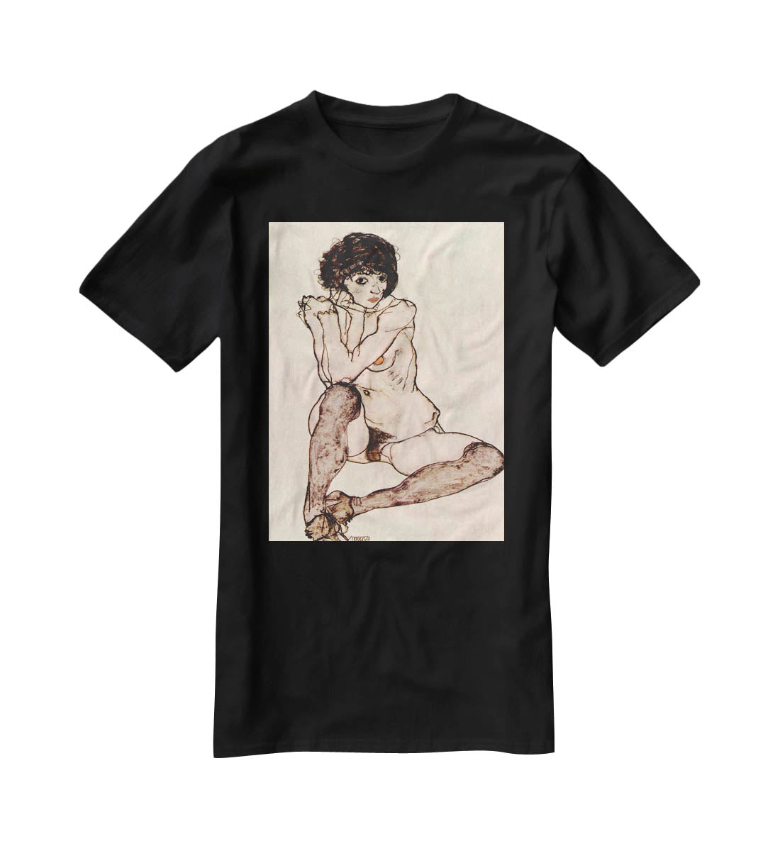 Sitting female nude by Egon Schiele T-Shirt - Canvas Art Rocks - 1