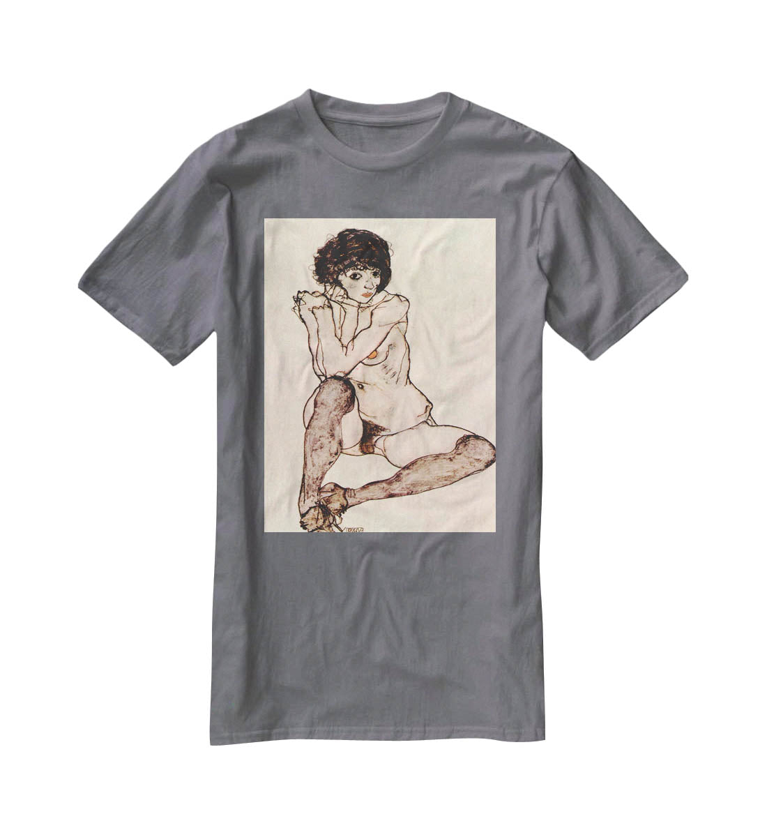 Sitting female nude by Egon Schiele T-Shirt - Canvas Art Rocks - 3