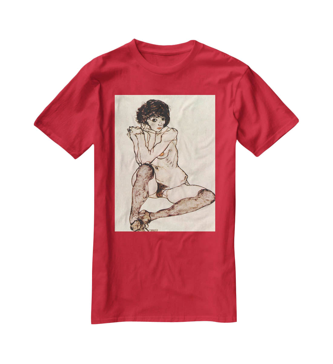 Sitting female nude by Egon Schiele T-Shirt - Canvas Art Rocks - 4