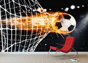 Soccer fireball scores a goal on the net Wall Mural Wallpaper - Canvas Art Rocks - 2