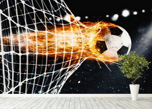 Soccer fireball scores a goal on the net Wall Mural Wallpaper - Canvas Art Rocks - 4