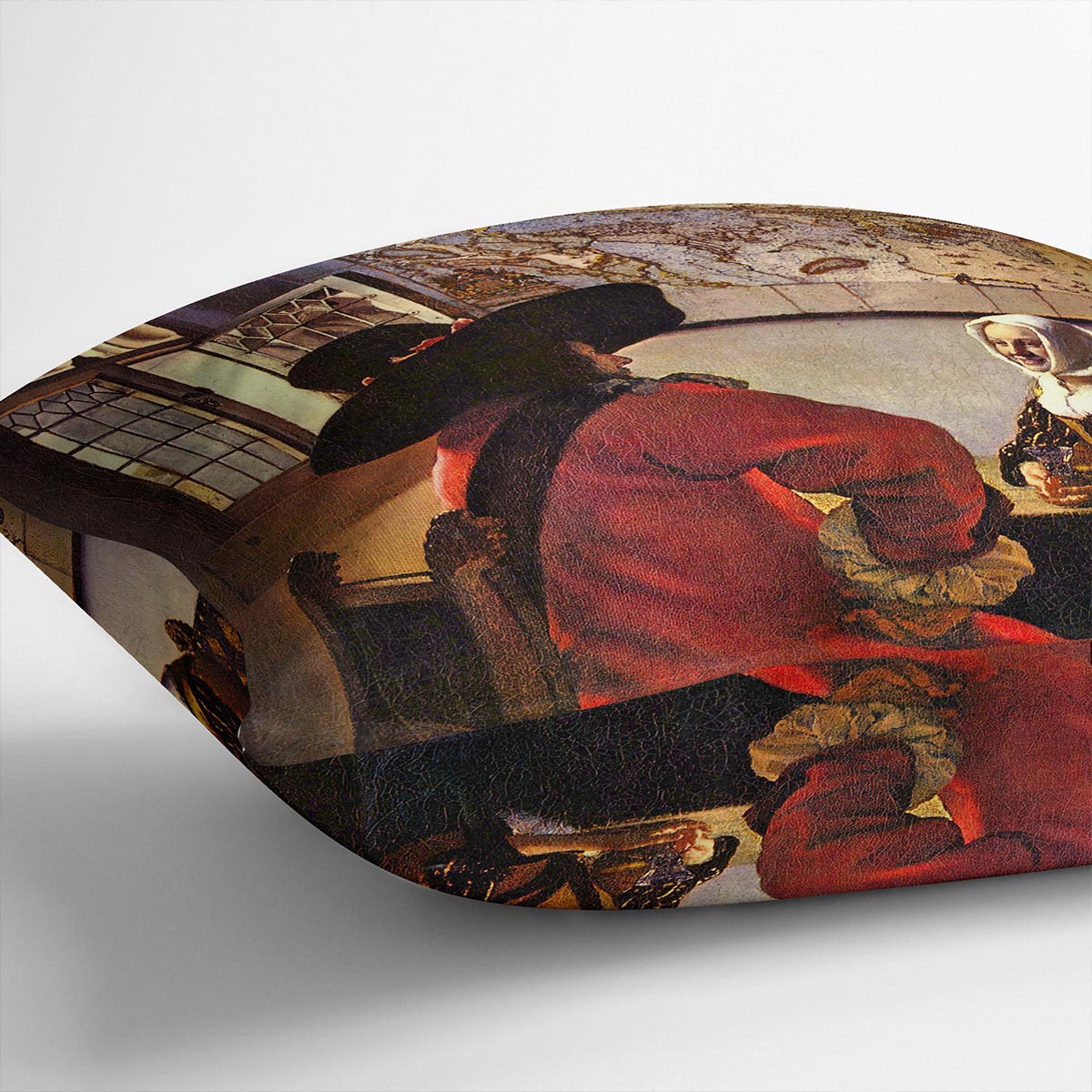 Soldier and girl smiling by Vermeer Cushion