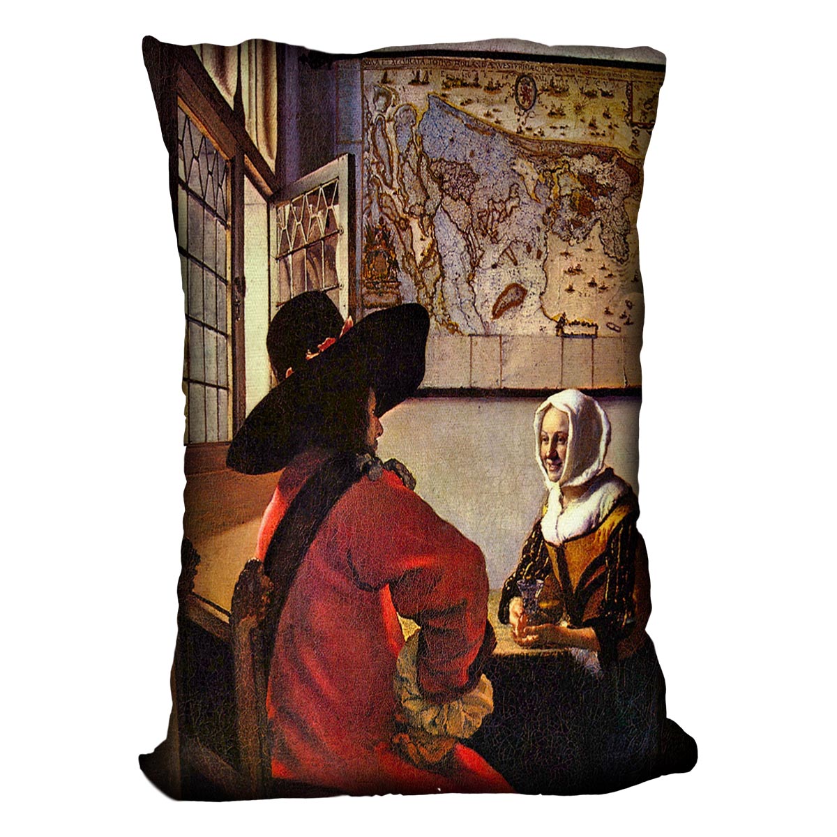Soldier and girl smiling by Vermeer Cushion