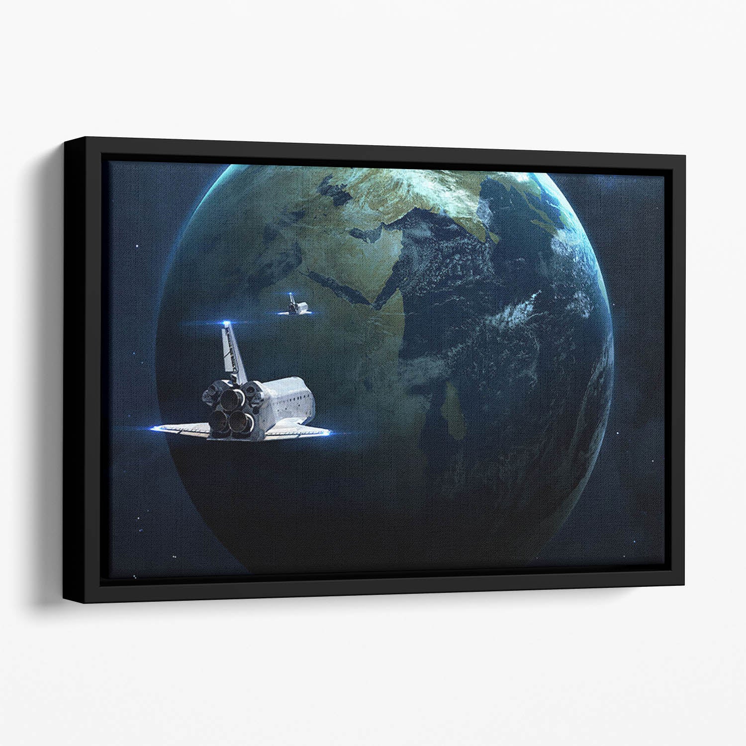 Space Shuttle Flying Back To Earth Floating Framed Canvas