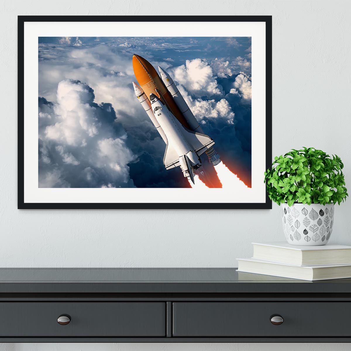 Space Shuttle Launch In The Clouds Framed Print - Canvas Art Rocks - 1