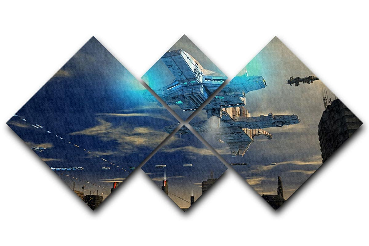 Spaceship UFO and City 4 Square Multi Panel Canvas  - Canvas Art Rocks - 1