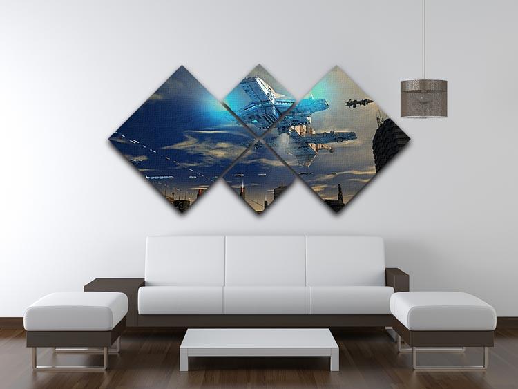 Spaceship UFO and City 4 Square Multi Panel Canvas - Canvas Art Rocks - 3