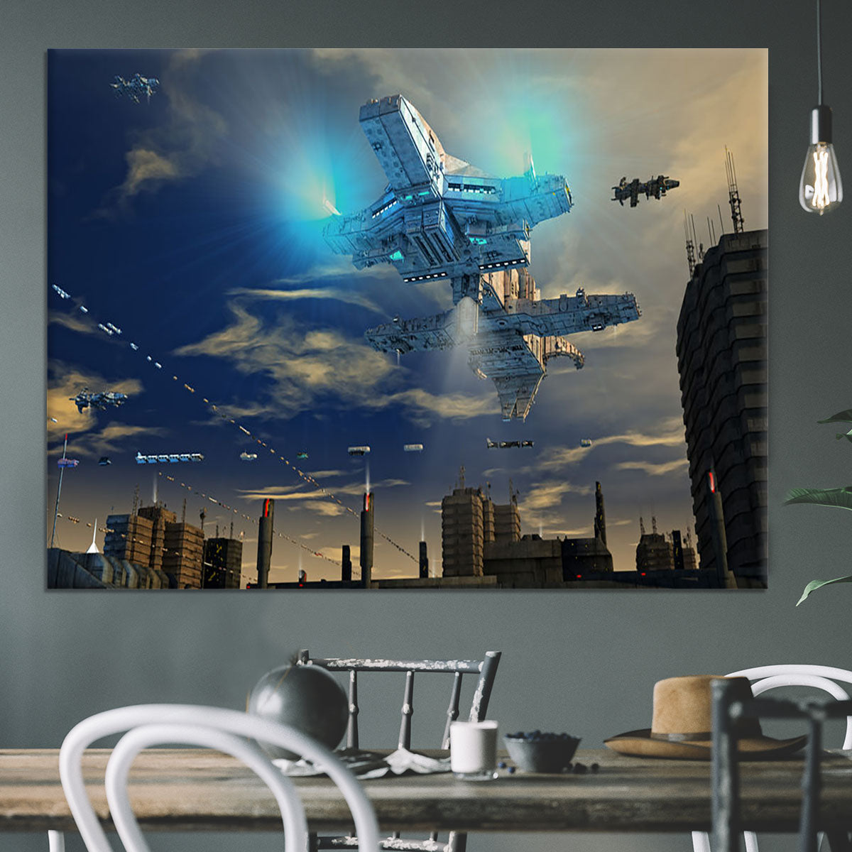 Spaceship UFO and City Canvas Print or Poster - Canvas Art Rocks - 3