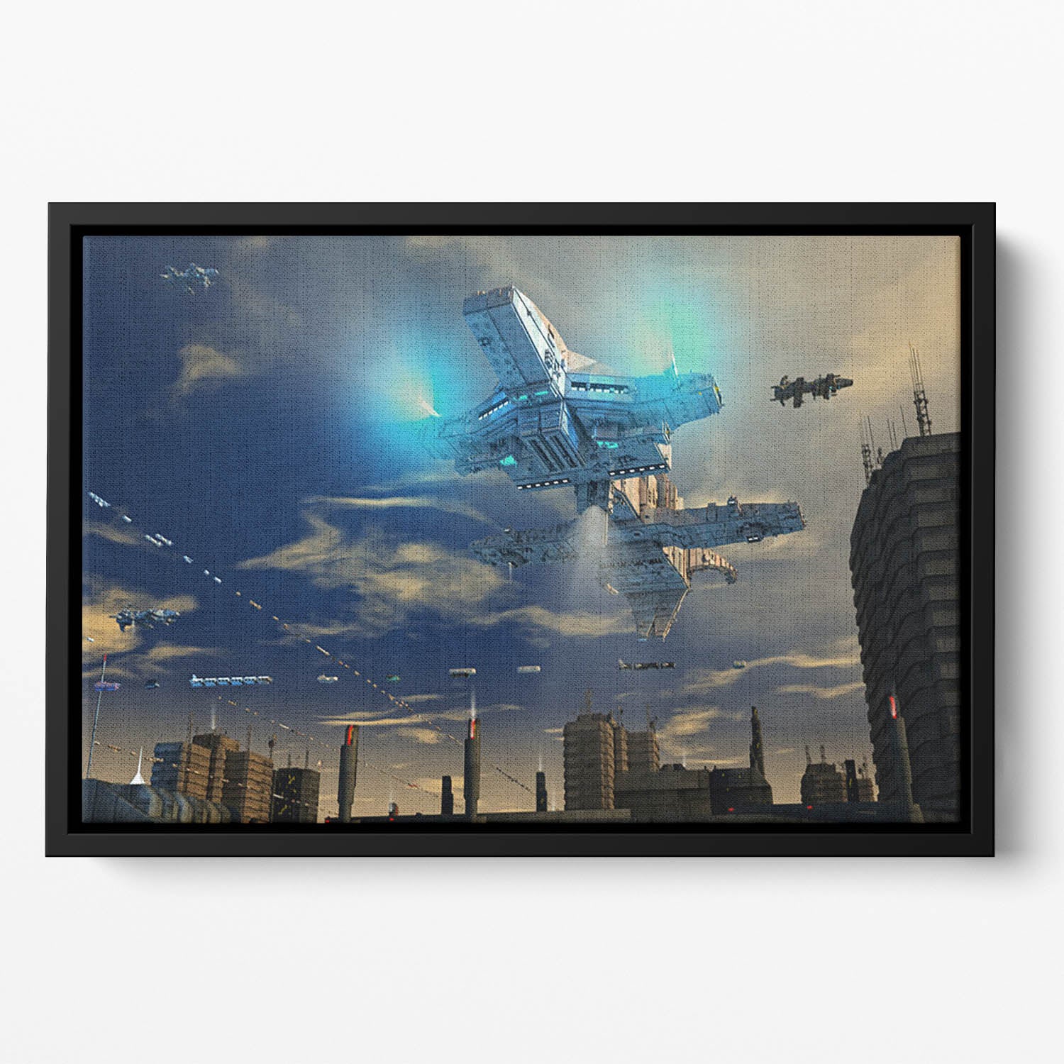 Spaceship UFO and City Floating Framed Canvas