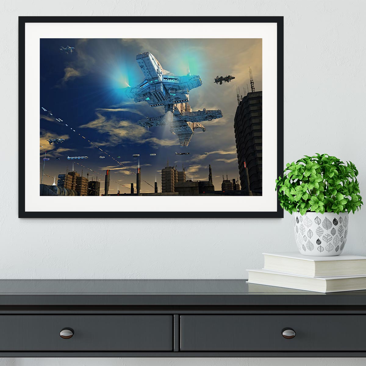 Spaceship UFO and City Framed Print - Canvas Art Rocks - 1