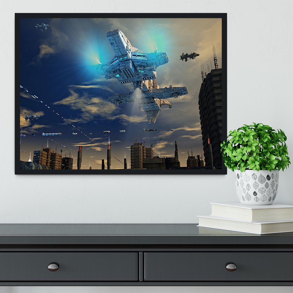 Spaceship UFO and City Framed Print - Canvas Art Rocks - 2