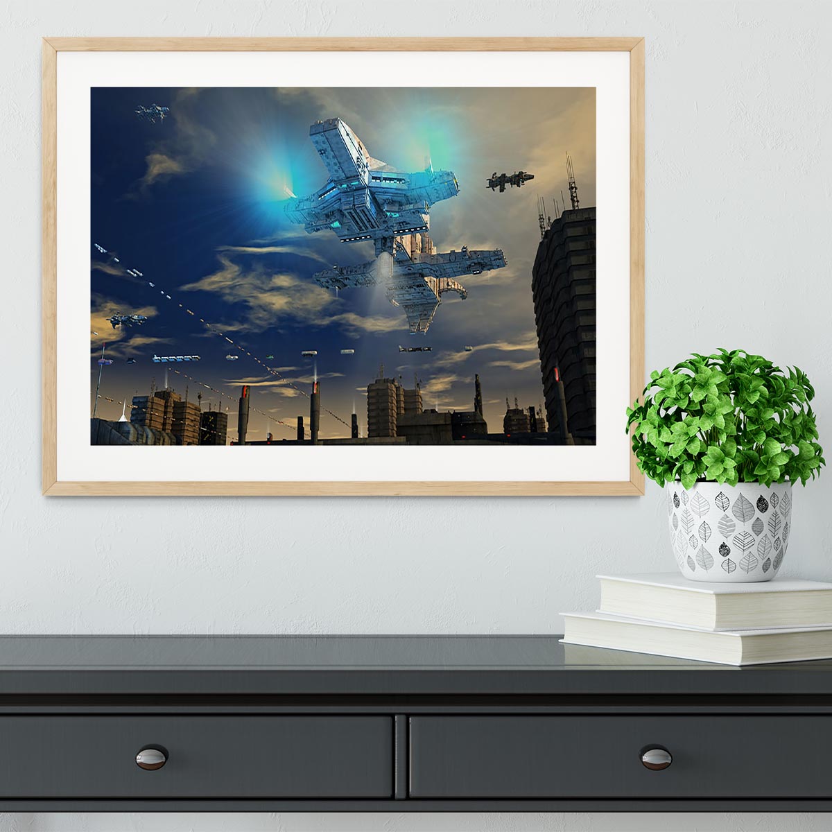 Spaceship UFO and City Framed Print - Canvas Art Rocks - 3