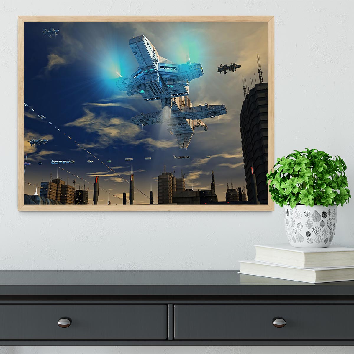 Spaceship UFO and City Framed Print - Canvas Art Rocks - 4