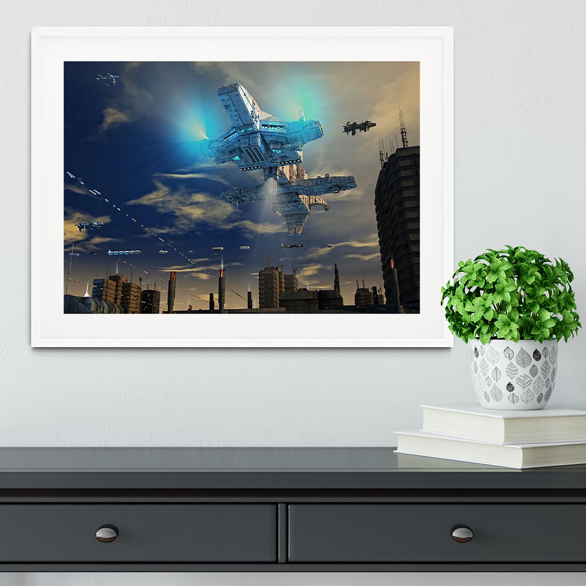 Spaceship UFO and City Framed Print - Canvas Art Rocks - 5