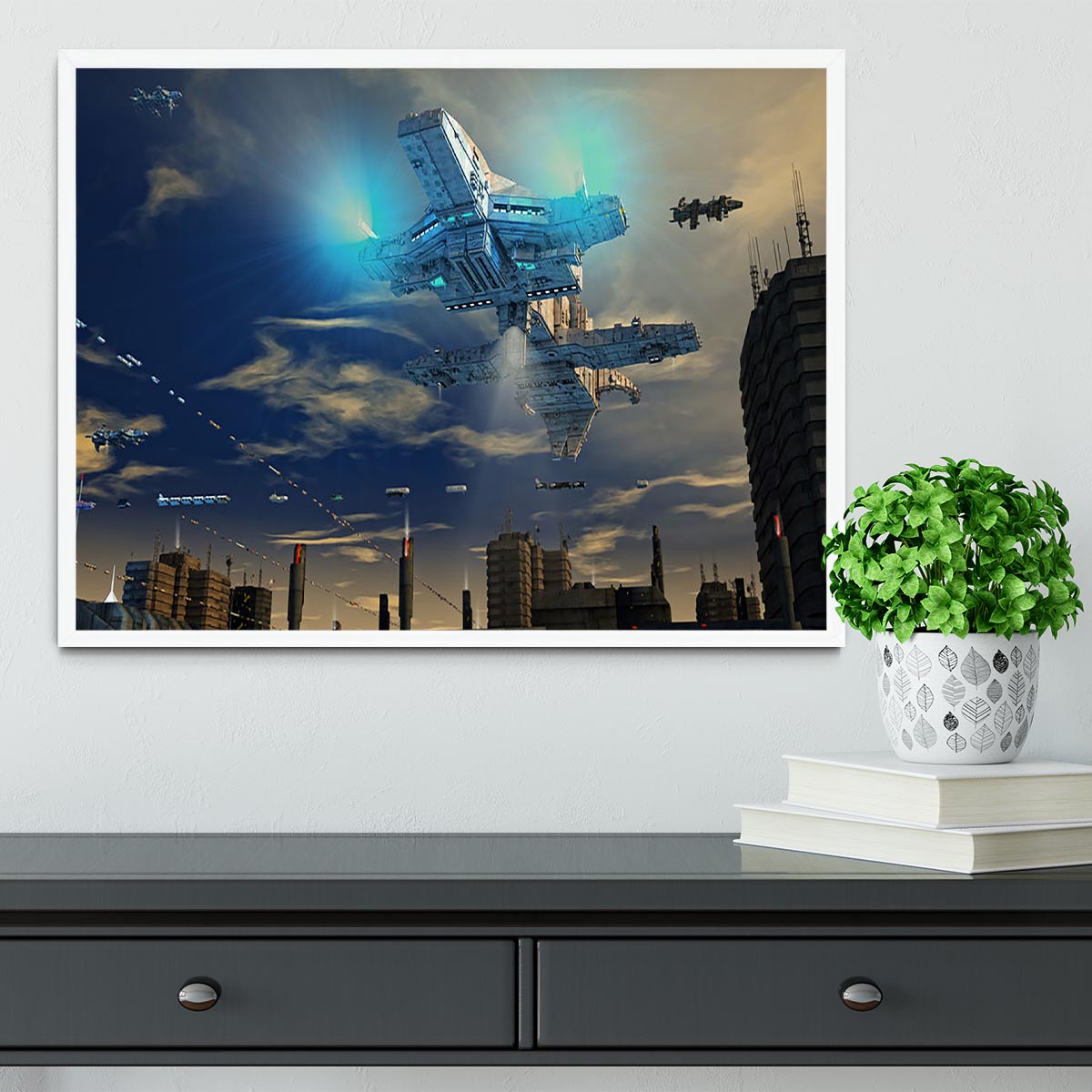 Spaceship UFO and City Framed Print - Canvas Art Rocks -6