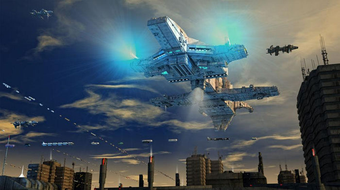 Spaceship UFO and City Wall Mural Wallpaper