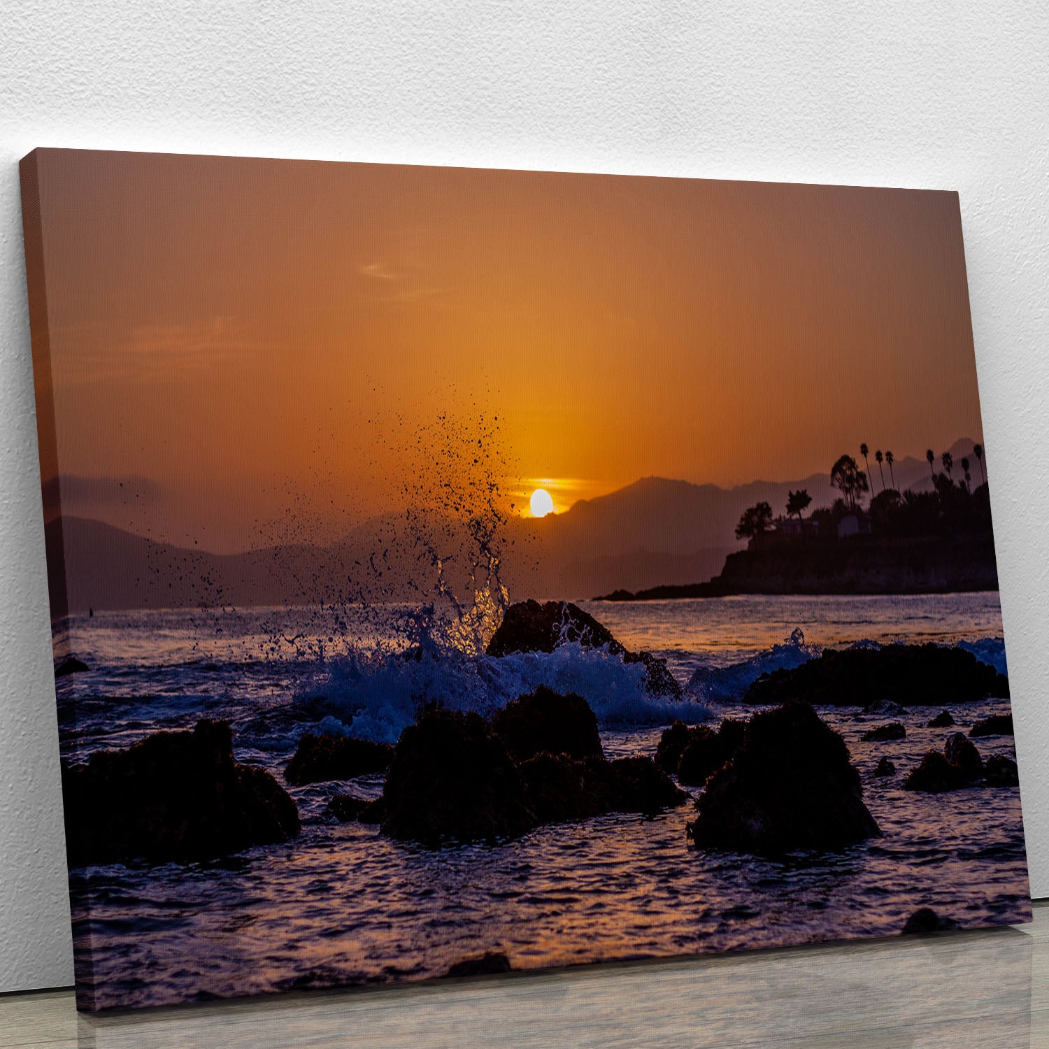 Splashing Rocks Beach Sunset Canvas Print or Poster - Canvas Art Rocks - 1