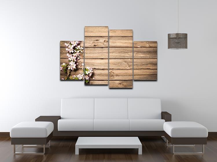 Spring flowering branch on wooden background 4 Split Panel Canvas  - Canvas Art Rocks - 3