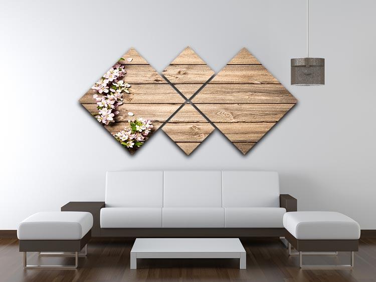 Spring flowering branch on wooden background 4 Square Multi Panel Canvas  - Canvas Art Rocks - 3