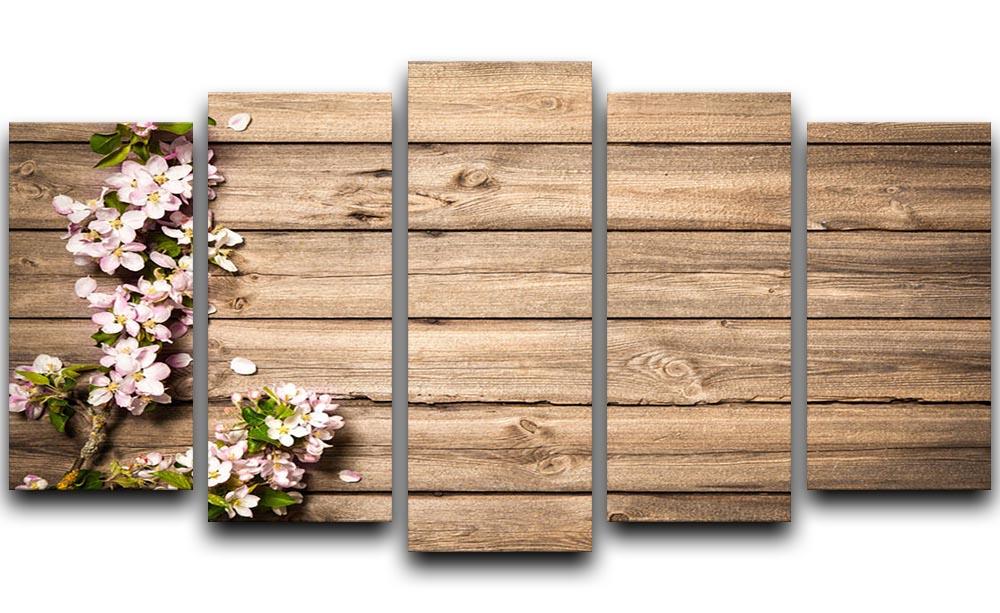 Spring flowering branch on wooden background 5 Split Panel Canvas  - Canvas Art Rocks - 1