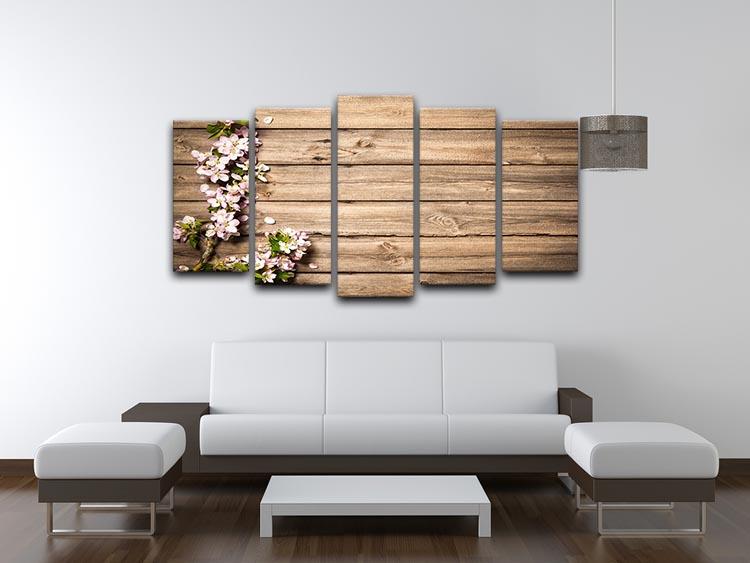 Spring flowering branch on wooden background 5 Split Panel Canvas  - Canvas Art Rocks - 3