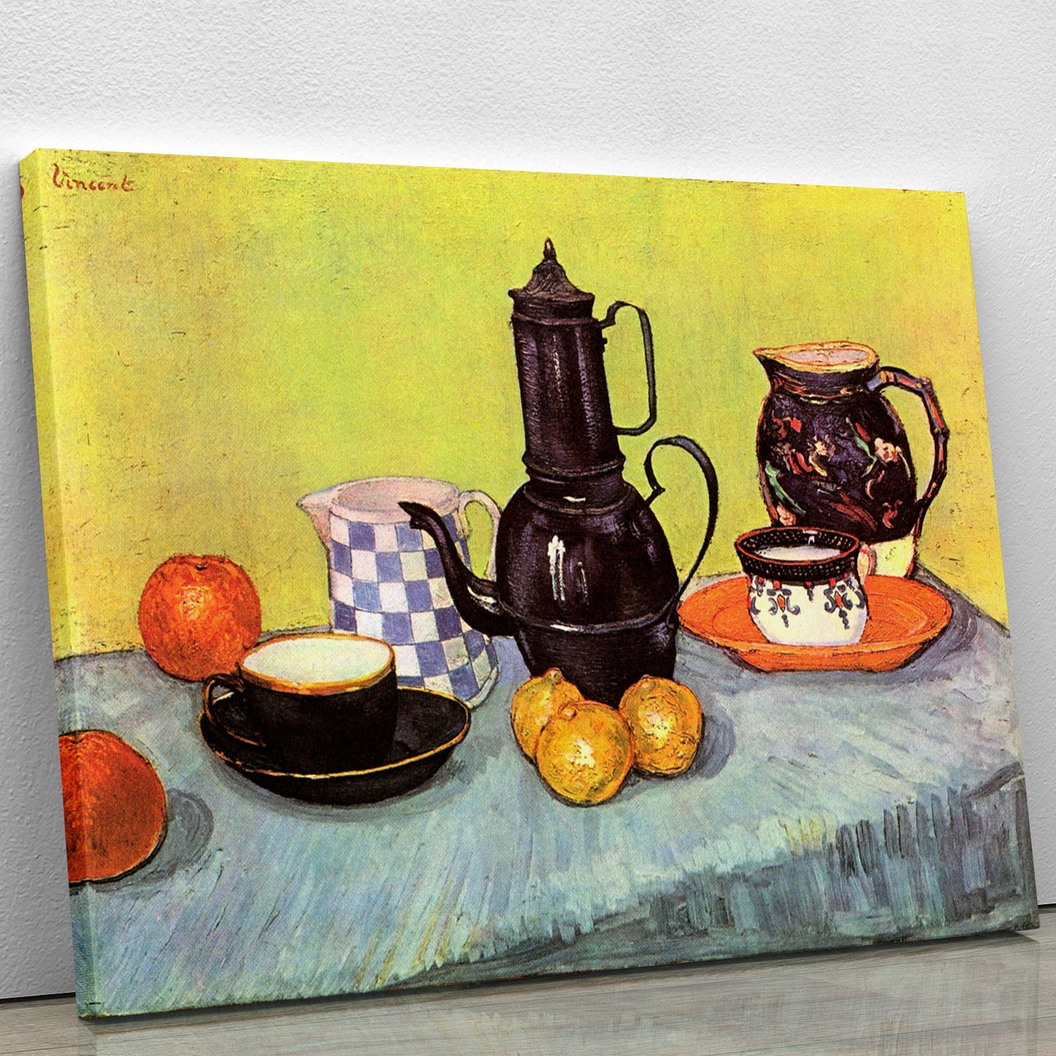Still Life Blue Enamel Coffeepot Earthenware and Fruit by Van Gogh Canvas Print or Poster - Canvas Art Rocks - 1