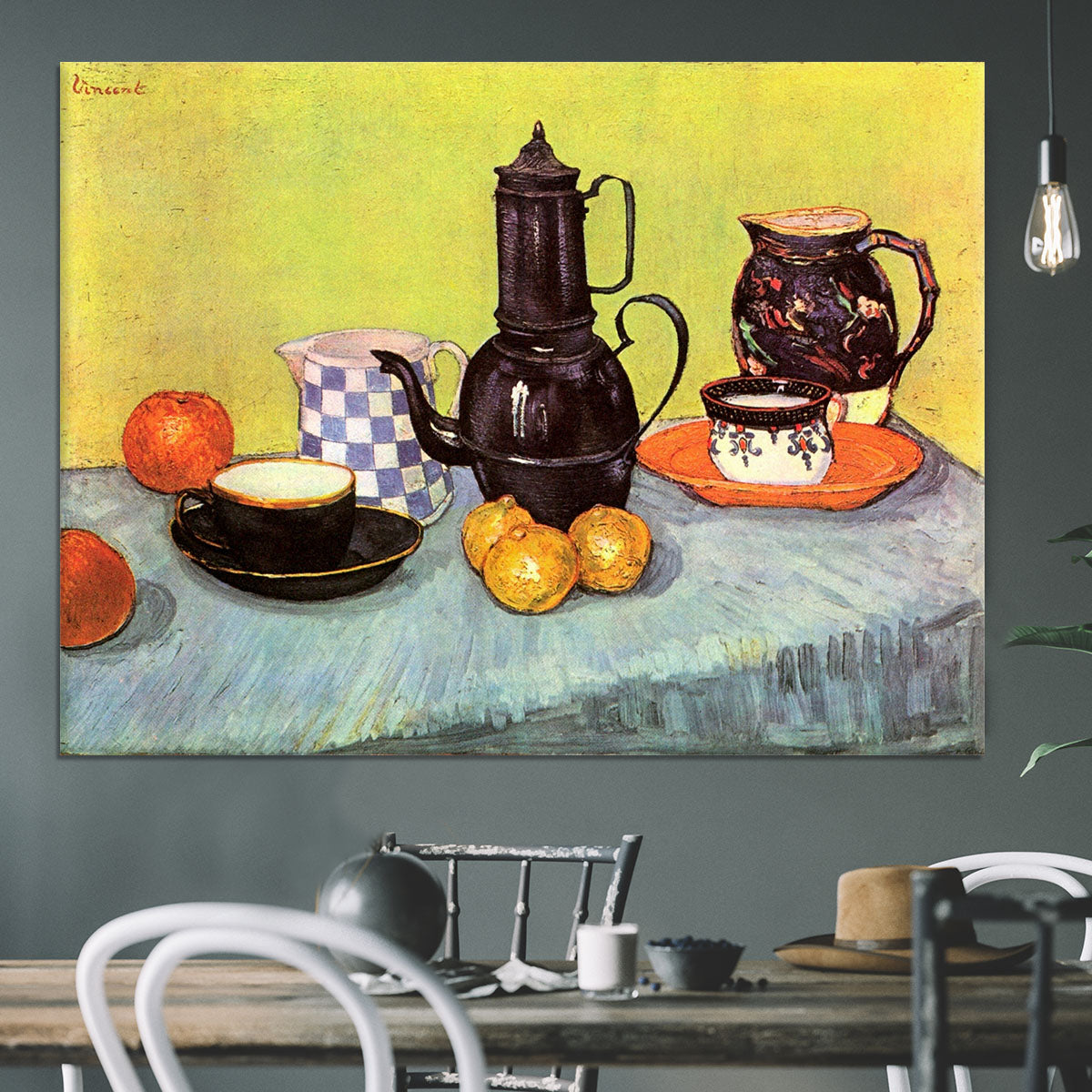Still Life Blue Enamel Coffeepot Earthenware and Fruit by Van Gogh Canvas Print or Poster - Canvas Art Rocks - 3