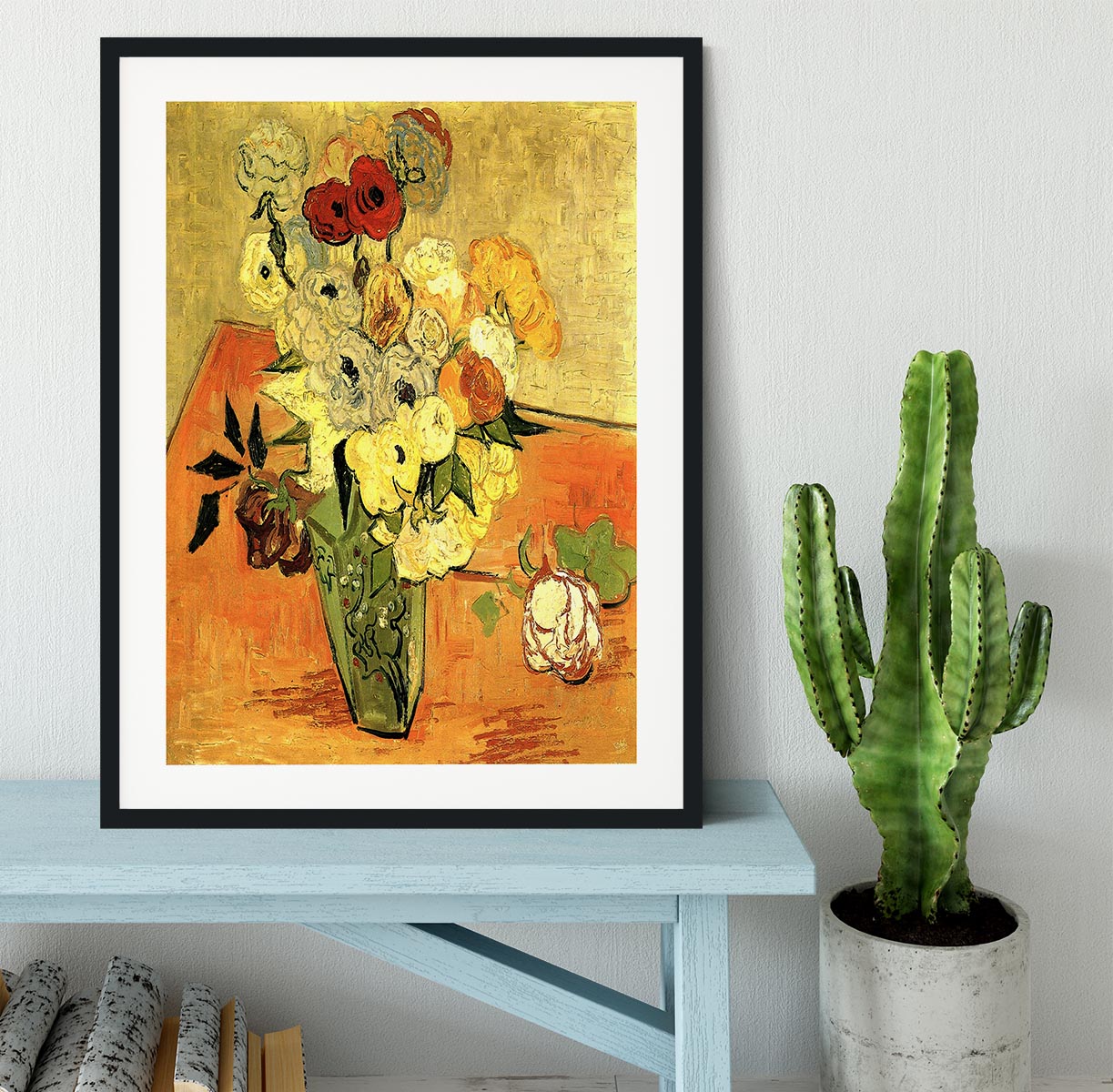 Still Life Japanese Vase with Roses and Anemones by Van Gogh Framed Print - Canvas Art Rocks - 1