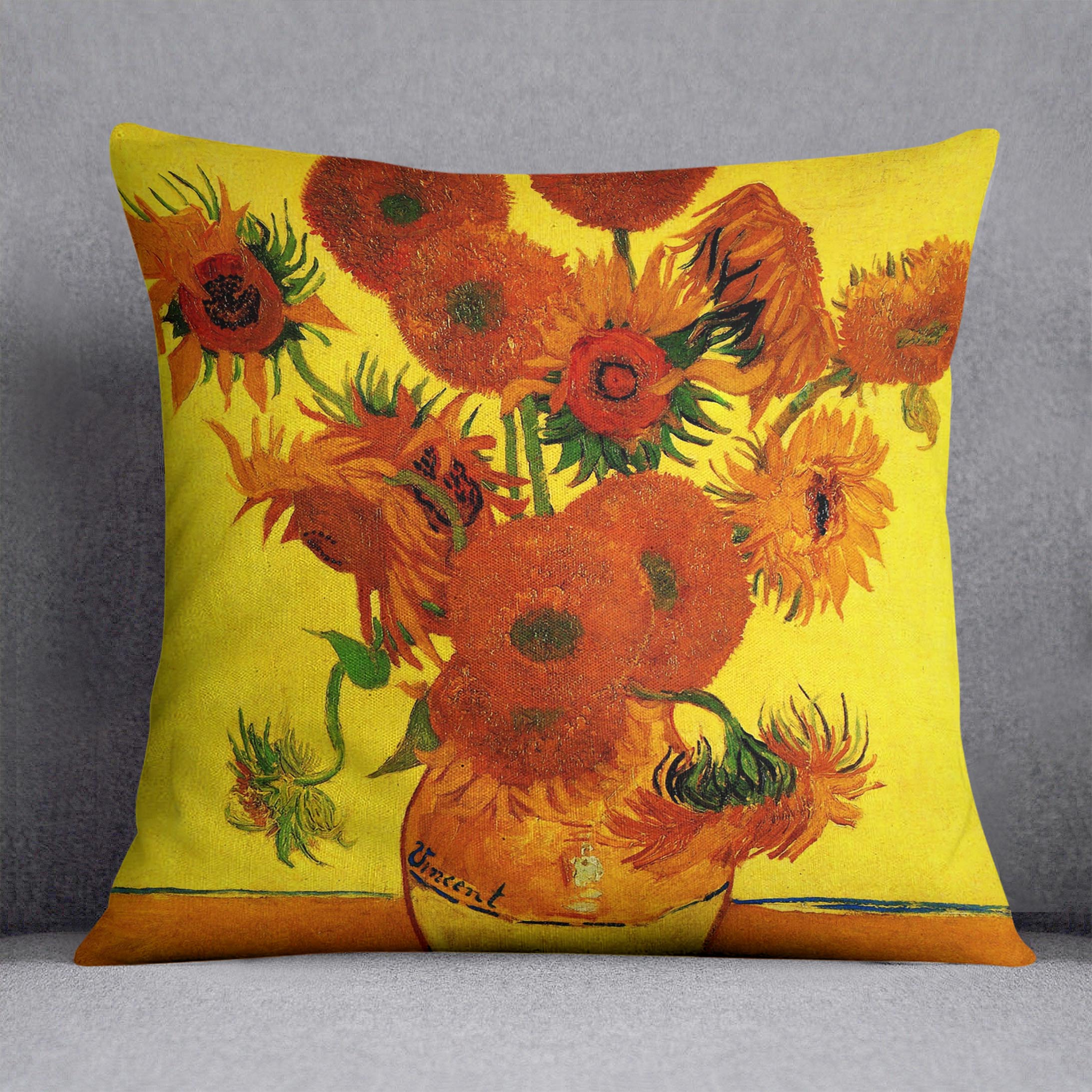 Still Life Vase with Fifteen Sunflowers 3 by Van Gogh Cushion