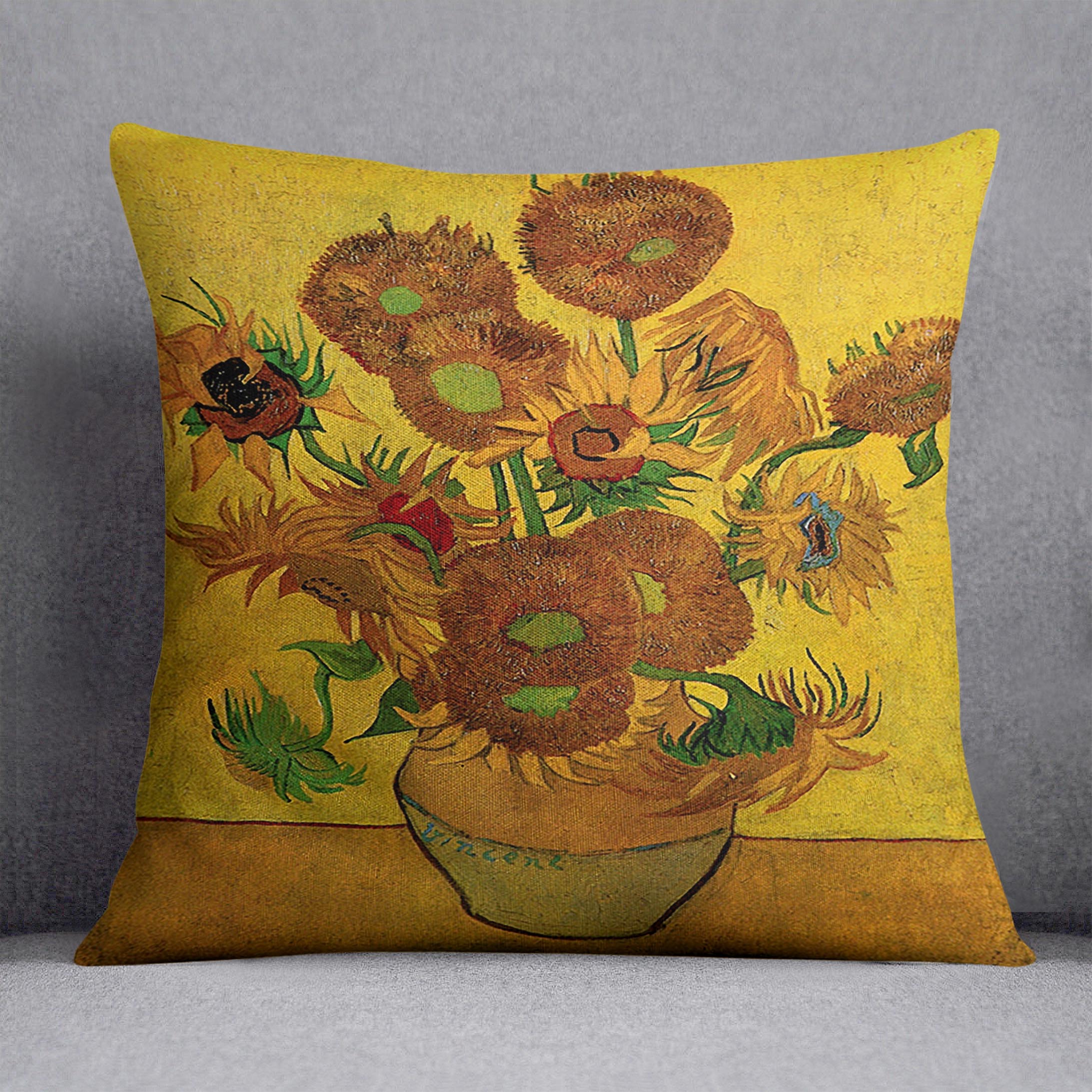 Still Life Vase with Fifteen Sunflowers by Van Gogh Cushion